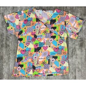 Sherly Uniforms Scrub Top Womens M Multicolor Breast Cancer‎ Awareness Mock Wrap